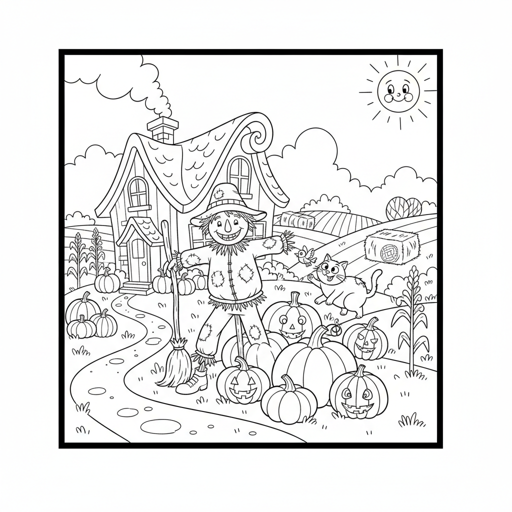 Urocza chata wiejska ze strachem na wróble i dyniami z przodu, otoczona jesiennymi polami, black outline, white backgroun...