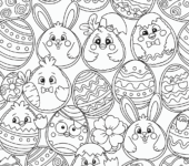 Kolekcja różnych ciasteczek wielkanocnych: zajączek, kurczaczek, kształty jajek, kolorowanka dla dzieci, czarne kontur...