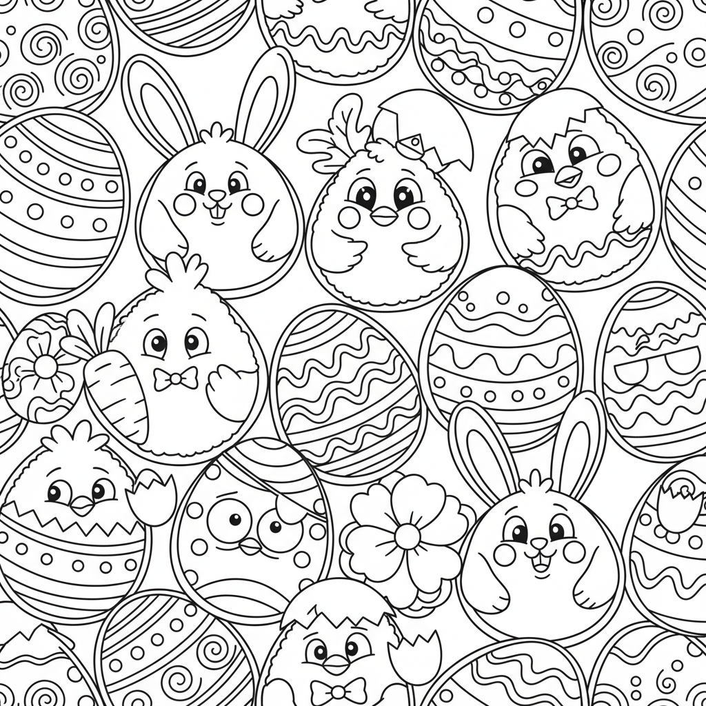 Kolekcja różnych ciasteczek wielkanocnych: zajączek, kurczaczek, kształty jajek, kolorowanka dla dzieci, czarne kontur...