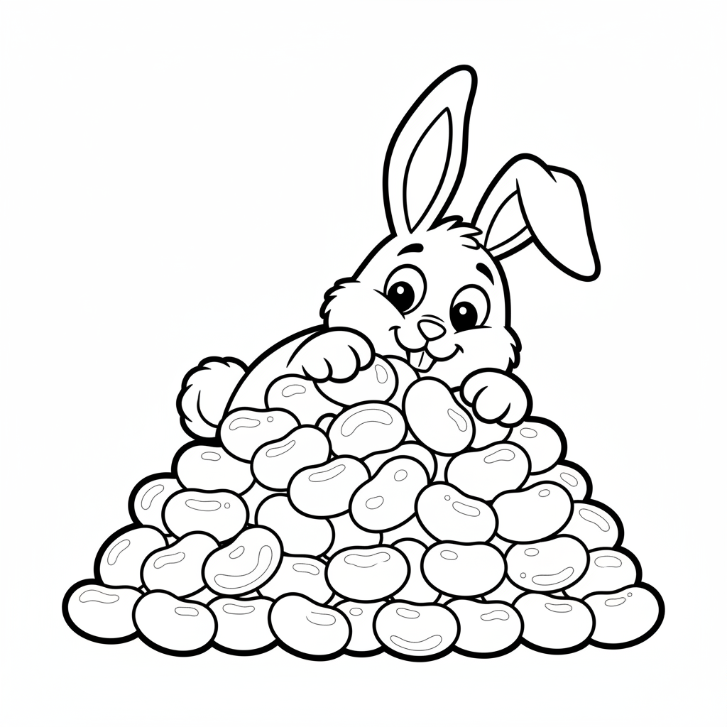 Czekoladowy zajączek wyłaniający się zza stosu kolorowych żelków, kolorowanka dla dzieci, czarne kontury, białe tło.