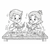 Mały chłopiec i dziewczynka malujący jajka wielkanocne przy stole, z pędzlami i farbami, kolorowanka dla dzieci, czarn...