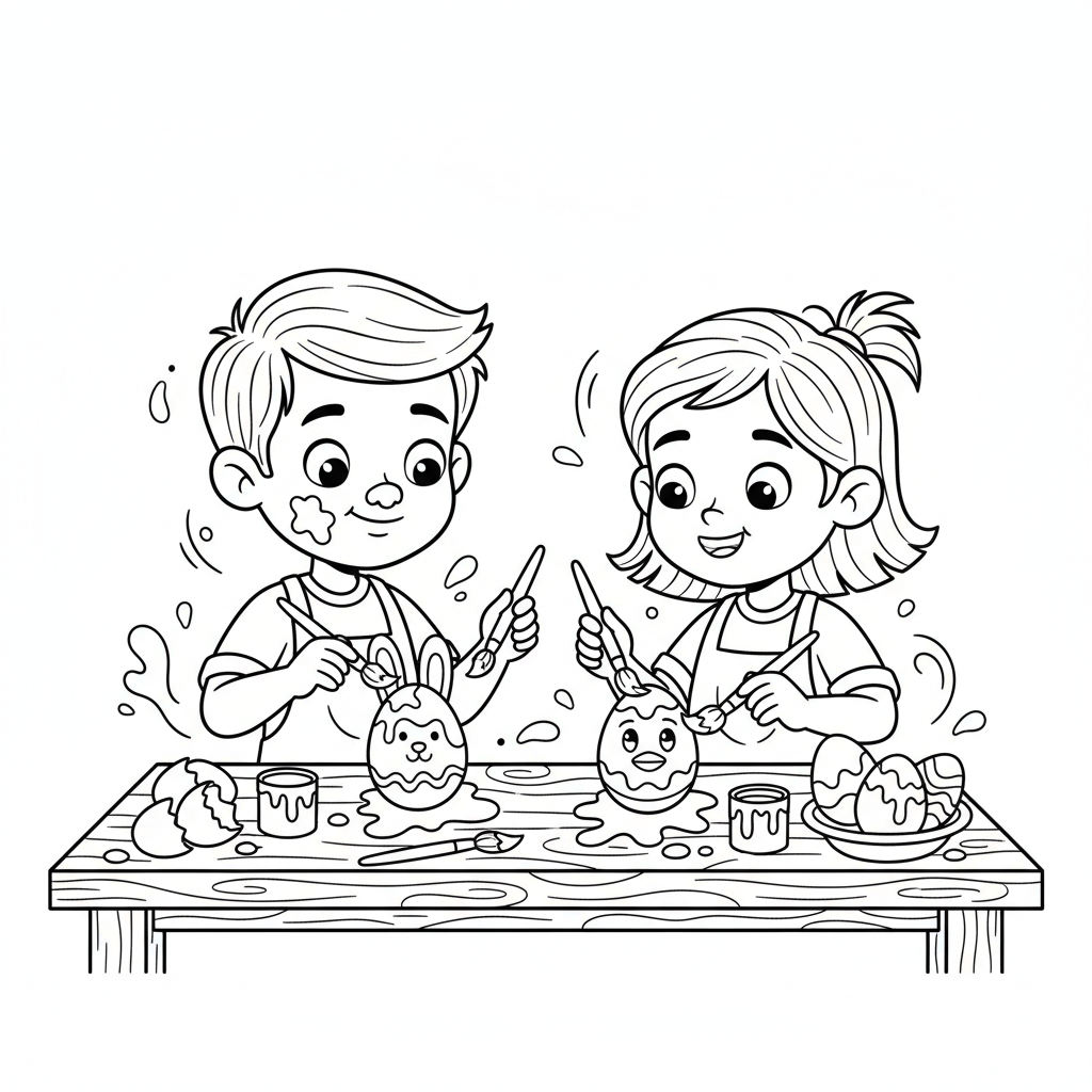 Mały chłopiec i dziewczynka malujący jajka wielkanocne przy stole, z pędzlami i farbami, kolorowanka dla dzieci, czarn...