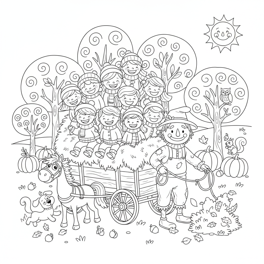Grupa dzieci na przejażdżce wozem z sianem, cieszących się jesienną scenerią, kolorowanka dla dzieci, czarne kontury...