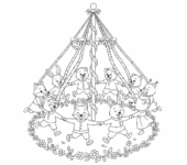 Grupa dzieci trzymających się za ręce i tańczących wokół maja udekorowanego wstążkami, kolorowanka dla dzieci, cz...