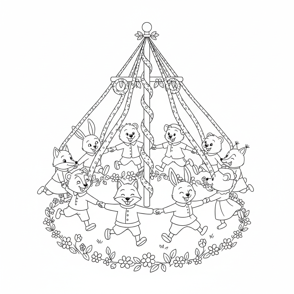Grupa dzieci trzymających się za ręce i tańczących wokół maja udekorowanego wstążkami, kolorowanka dla dzieci, cz...