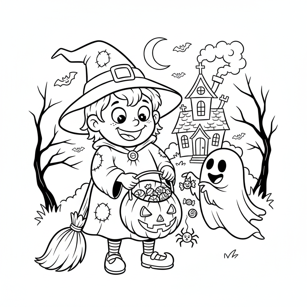 Dziecko w kostiumie Halloween (np. czarownicy, duszka) zbierające cukierki, kolorowanka dla dzieci, czarne kontury, biał...