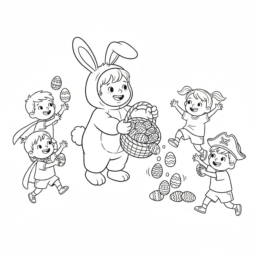 Dziecko przebrane za zajączka wielkanocnego, rozdające jajka innym dzieciom, kolorowanka dla dzieci, czarne kontury, bia...