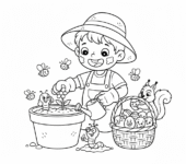 Dziecko sadzące mały kwiat w doniczce, z koszykiem jajek w pobliżu, kolorowanka dla dzieci, czarne kontury, białe tło.