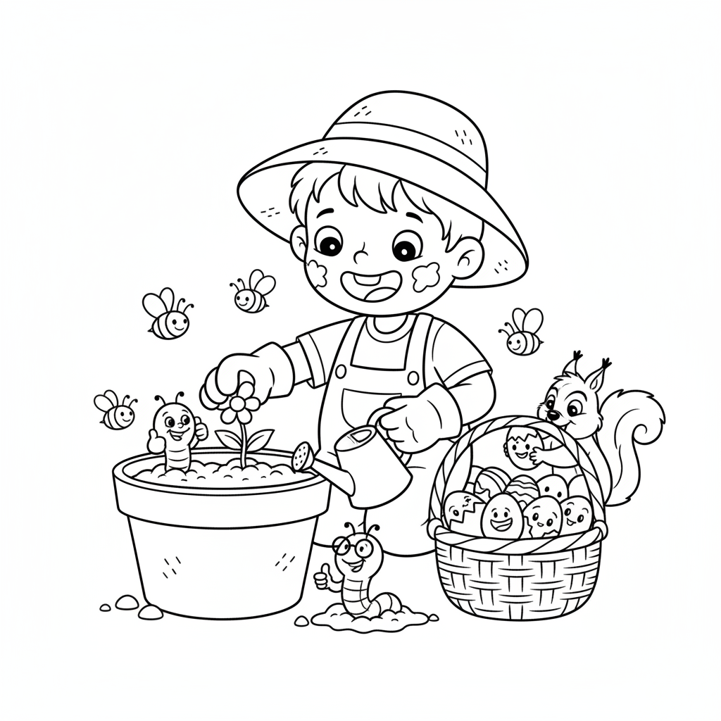 Dziecko sadzące mały kwiat w doniczce, z koszykiem jajek w pobliżu, kolorowanka dla dzieci, czarne kontury, białe tło.