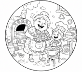 Szczęśliwa babcia piekąca ciasteczka z wnuczką, kolorowanka dla dzieci, czarne kontury, białe tło.