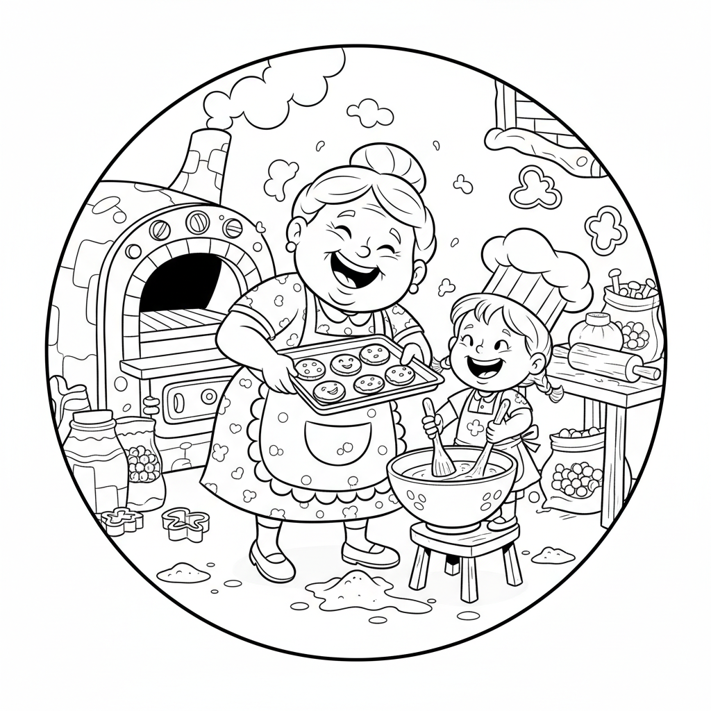 Szczęśliwa babcia piekąca ciasteczka z wnuczką, kolorowanka dla dzieci, czarne kontury, białe tło.