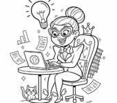 Bizneswoman w eleganckim garniturze, pracująca na laptopie, symbolizująca kobiety na stanowiskach kierowniczych, kolorow...