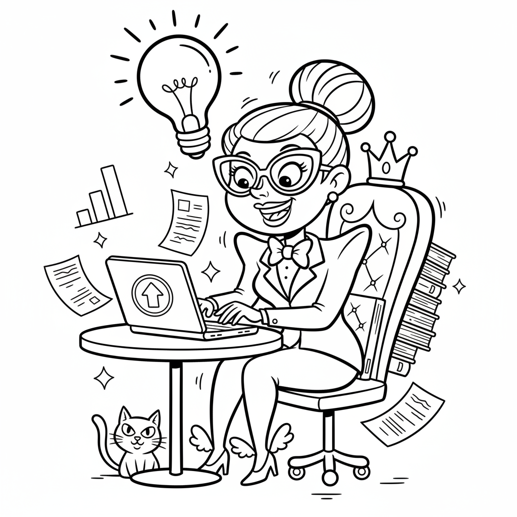 Bizneswoman w eleganckim garniturze, pracująca na laptopie, symbolizująca kobiety na stanowiskach kierowniczych, kolorow...