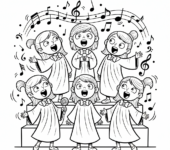 Grupa dziewcząt śpiewających w chórze, z nutami muzycznymi wokół nich, kolorowanka dla dzieci, czarne kontury, biał...