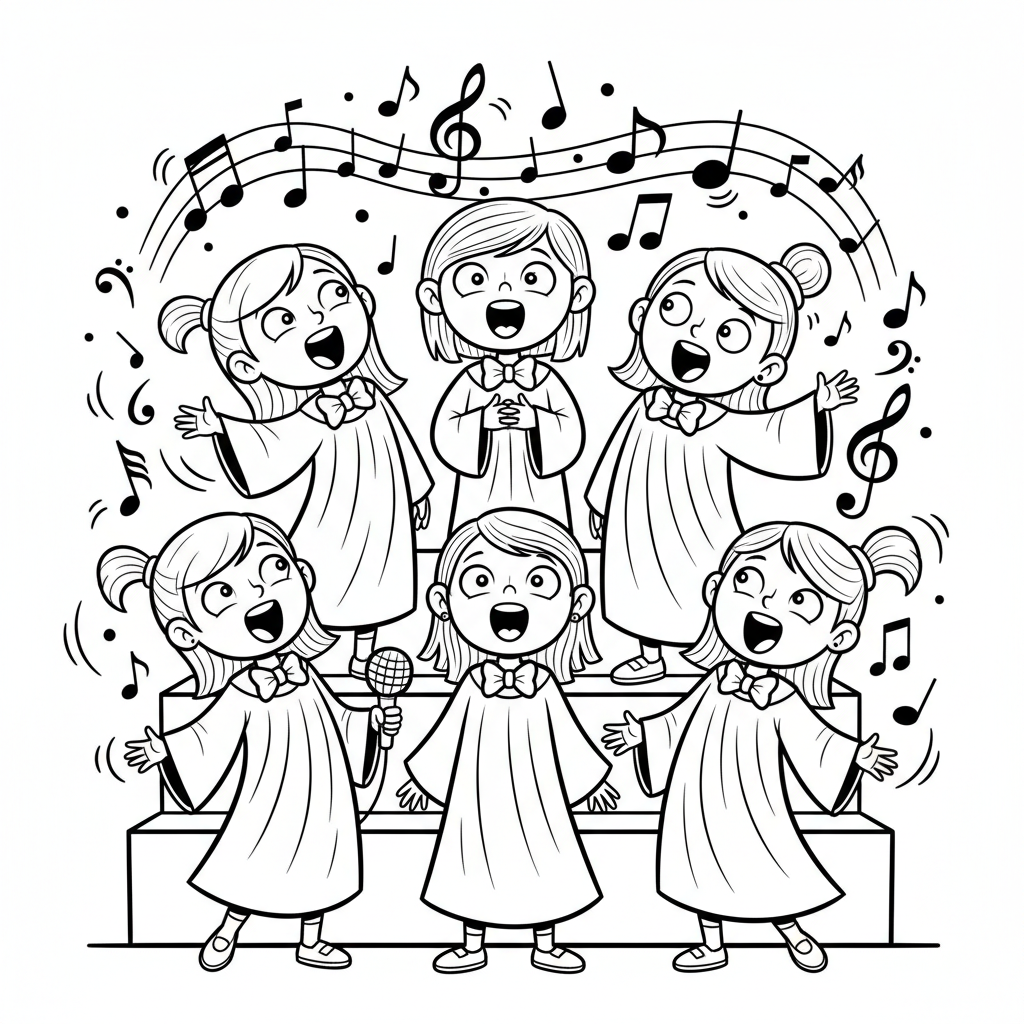Grupa dziewcząt śpiewających w chórze, z nutami muzycznymi wokół nich, kolorowanka dla dzieci, czarne kontury, biał...