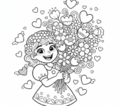 Uśmiechnięta dziewczynka trzymająca piękny bukiet kwiatów, otoczona serduszkami, kolorowanka dla dzieci, czarne kontu...