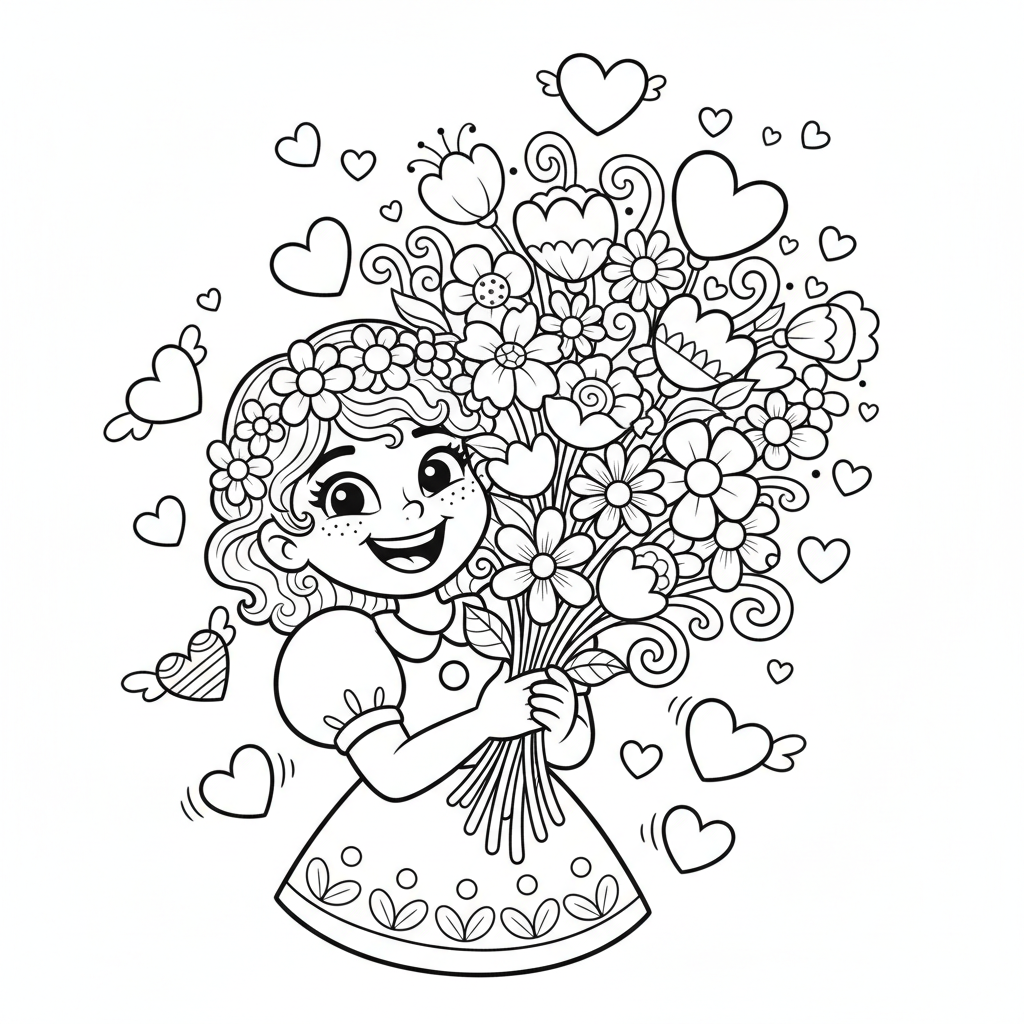 Uśmiechnięta dziewczynka trzymająca piękny bukiet kwiatów, otoczona serduszkami, kolorowanka dla dzieci, czarne kontu...