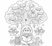 Dziewczynka czytająca książkę pod drzewem, symbolizująca edukację i wiedzę, kolorowanka dla dzieci, czarne kontury,...