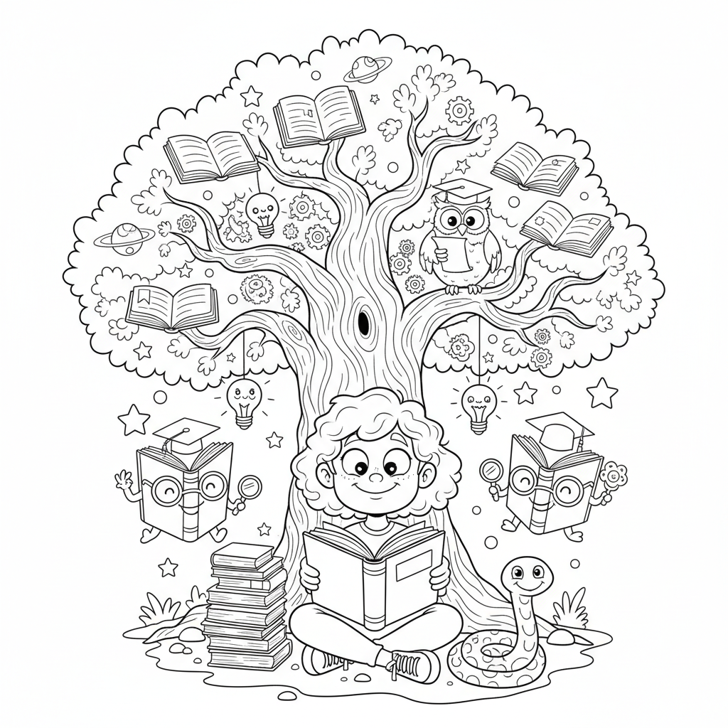 Dziewczynka czytająca książkę pod drzewem, symbolizująca edukację i wiedzę, kolorowanka dla dzieci, czarne kontury,...