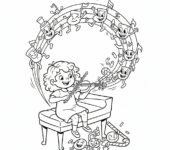 Dziewczynka grająca na instrumencie muzycznym (np. skrzypce, pianino), z nutami muzycznymi, kolorowanka dla dzieci, czarn...