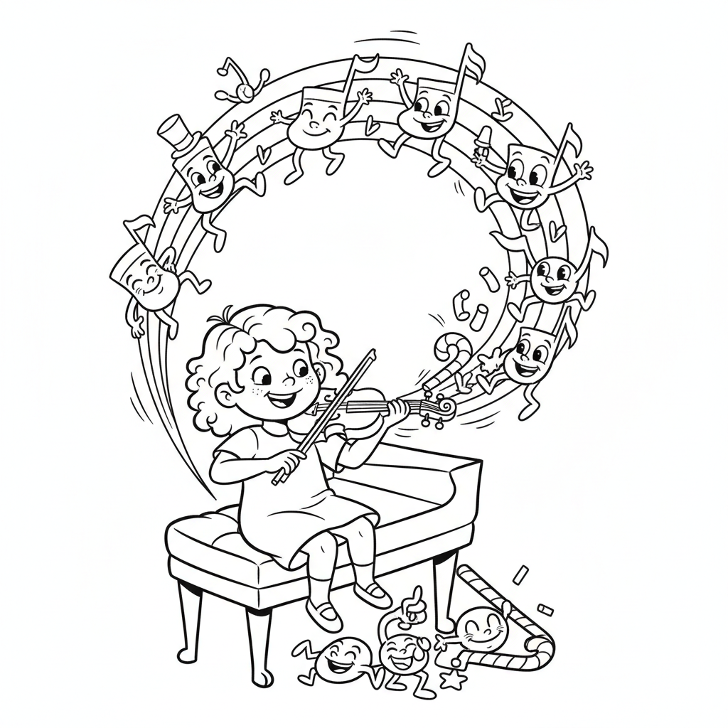 Dziewczynka grająca na instrumencie muzycznym (np. skrzypce, pianino), z nutami muzycznymi, kolorowanka dla dzieci, czarn...