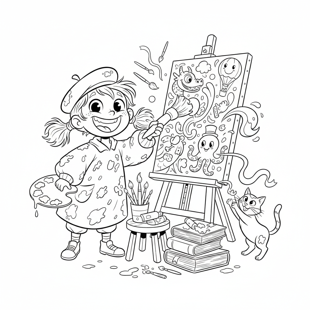 Dziewczynka malująca arcydzieło na sztaludze, wyrażająca kreatywność, kolorowanka dla dzieci, czarne kontury, białe...