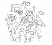 Grupa dziewcząt grających w sporty (np. piłka nożna, koszykówka), pokazujących pracę zespołową i siłę, kolorowa...