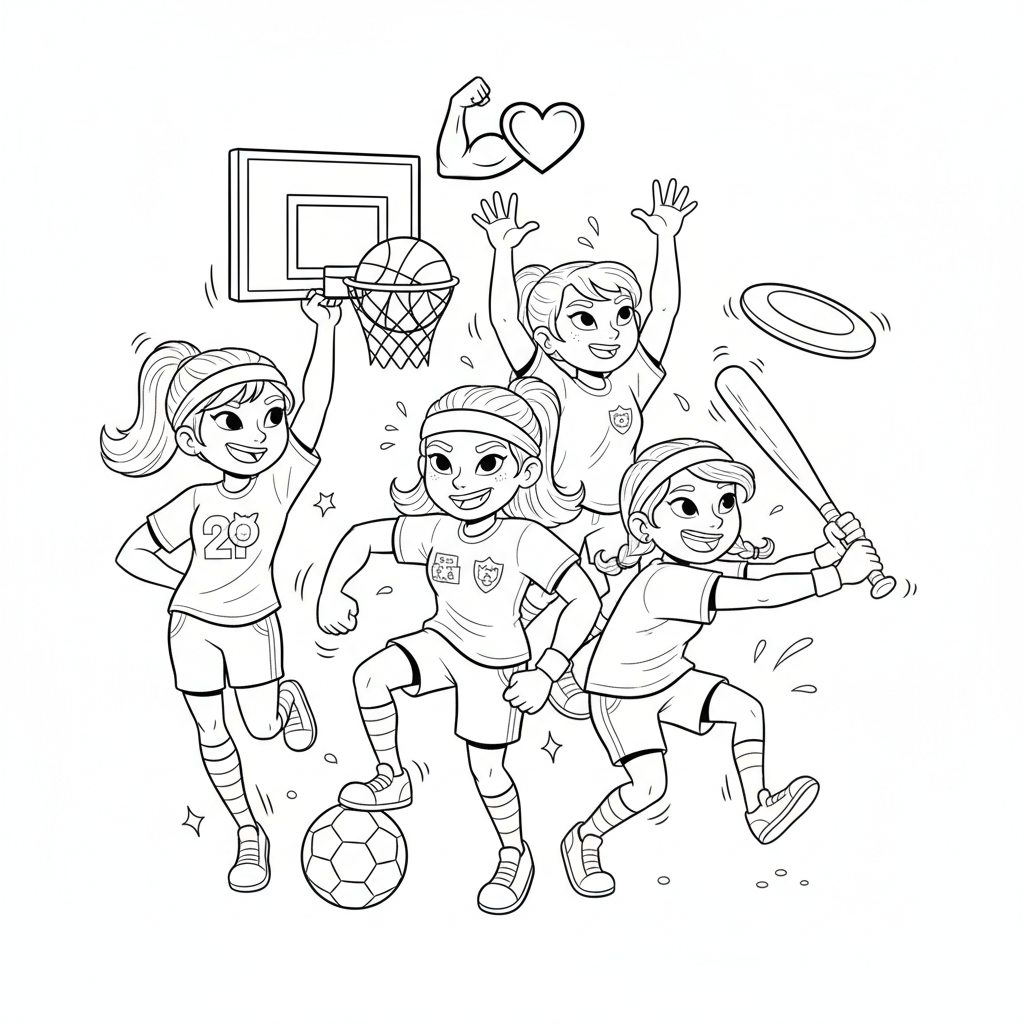 Grupa dziewcząt grających w sporty (np. piłka nożna, koszykówka), pokazujących pracę zespołową i siłę, kolorowa...