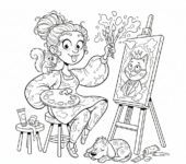 Kobieta artystka malująca portret, z paletą i pędzlami, kolorowanka dla dzieci, czarne kontury, białe tło.