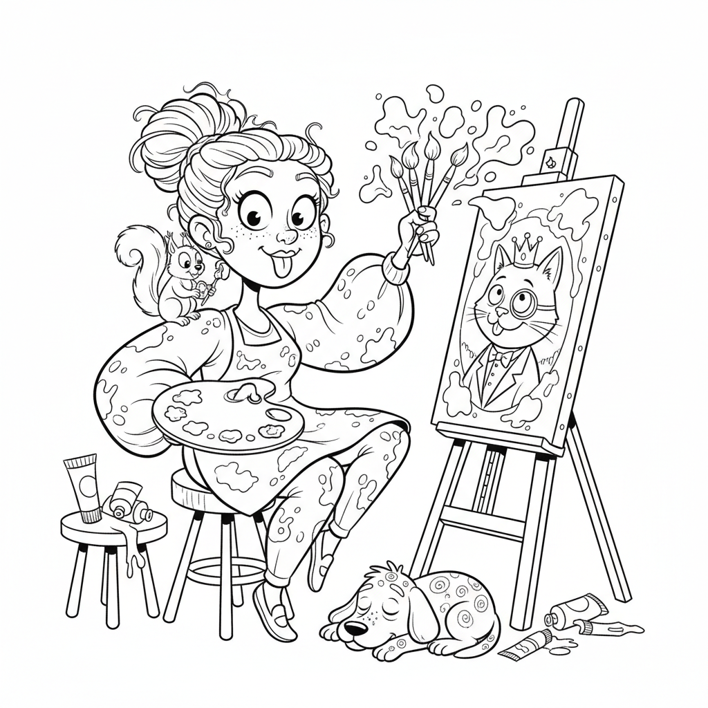 Kobieta artystka malująca portret, z paletą i pędzlami, kolorowanka dla dzieci, czarne kontury, białe tło.