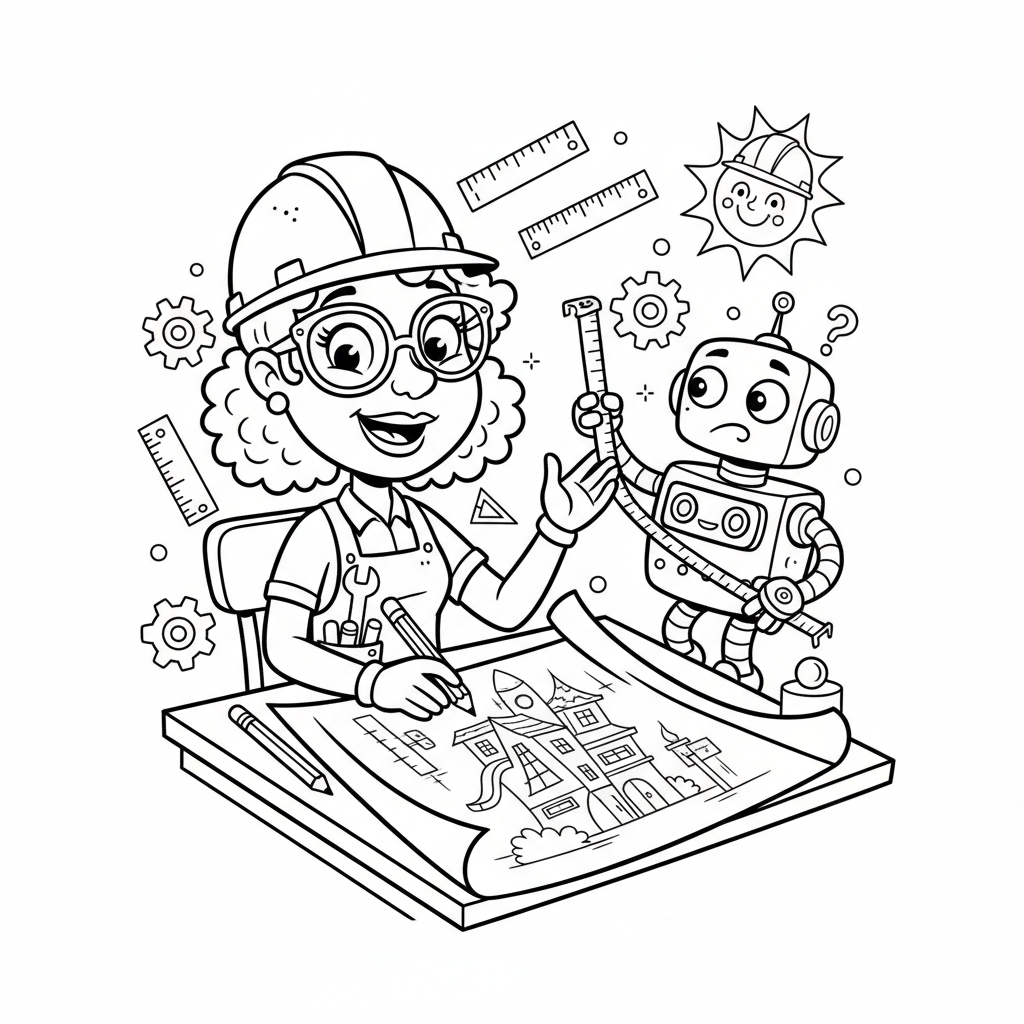 Kobieta inżynier projektująca budynek na planie, kolorowanka dla dzieci, czarne kontury, białe tło.