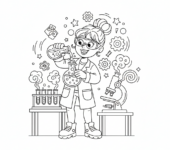 Kobieta w fartuchu laboratoryjnym, prowadząca eksperyment, symbolizująca kobiety w nauce, kolorowanka dla dzieci, czarne...