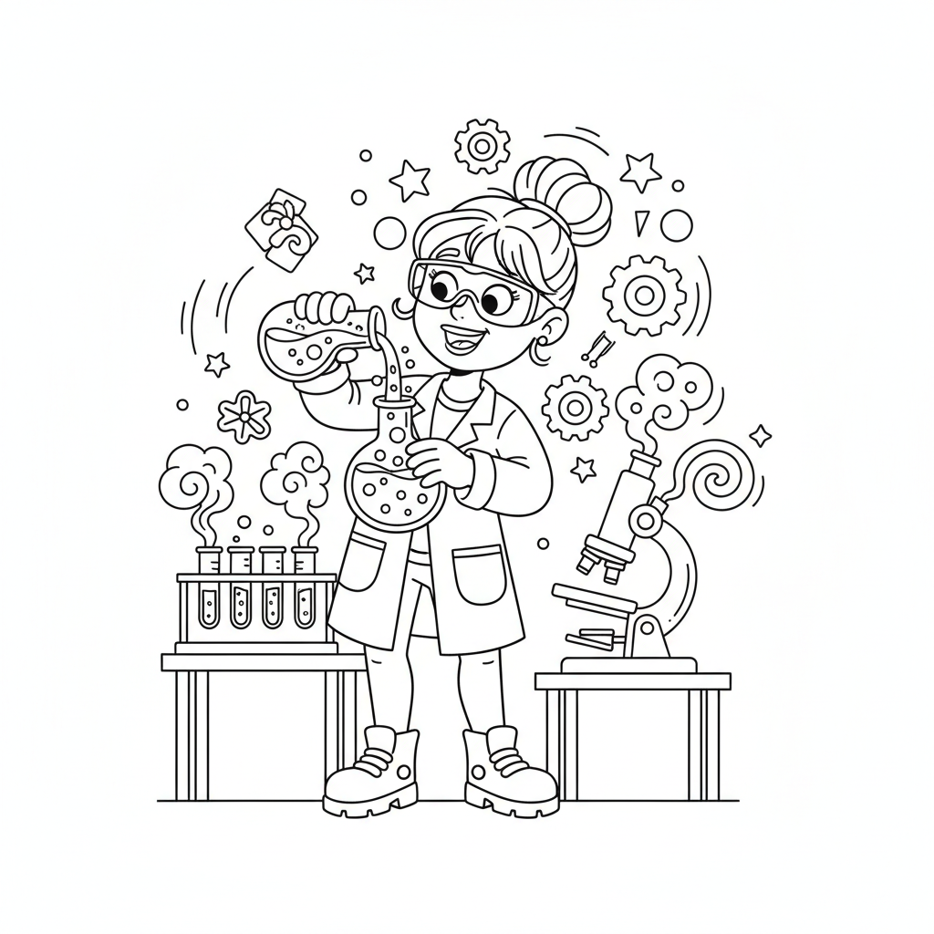 Kobieta w fartuchu laboratoryjnym, prowadząca eksperyment, symbolizująca kobiety w nauce, kolorowanka dla dzieci, czarne...