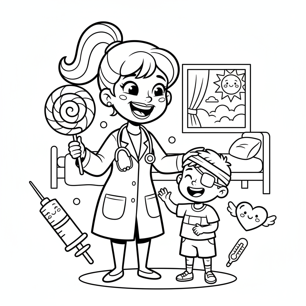 Wesoła młoda kobieta pracująca jako lekarka, pomagająca pacjentowi, kolorowanka dla dzieci, czarne kontury, białe tło.