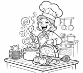 Szczęśliwa kobieta szef kuchni gotująca pyszny posiłek w kuchni, kolorowanka dla dzieci, czarne kontury, białe tło.