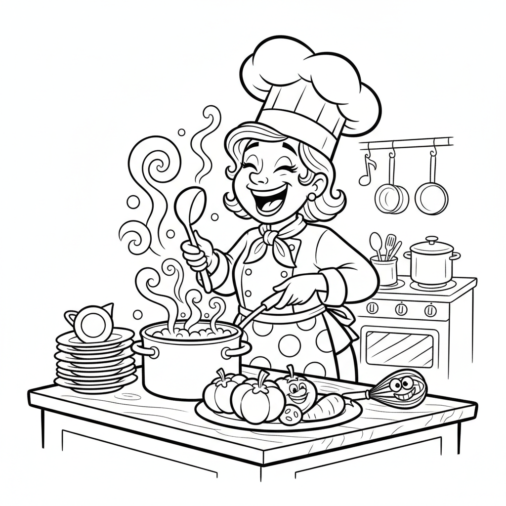 Szczęśliwa kobieta szef kuchni gotująca pyszny posiłek w kuchni, kolorowanka dla dzieci, czarne kontury, białe tło.