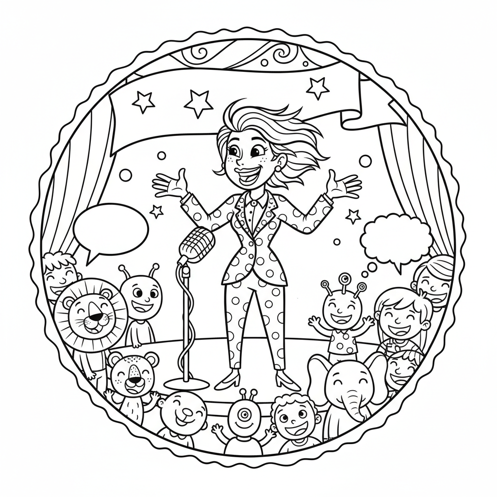 Kobieta wygłaszająca przemówienie do publiczności, inspirująca i pewna siebie, kolorowanka dla dzieci, czarne kontury...