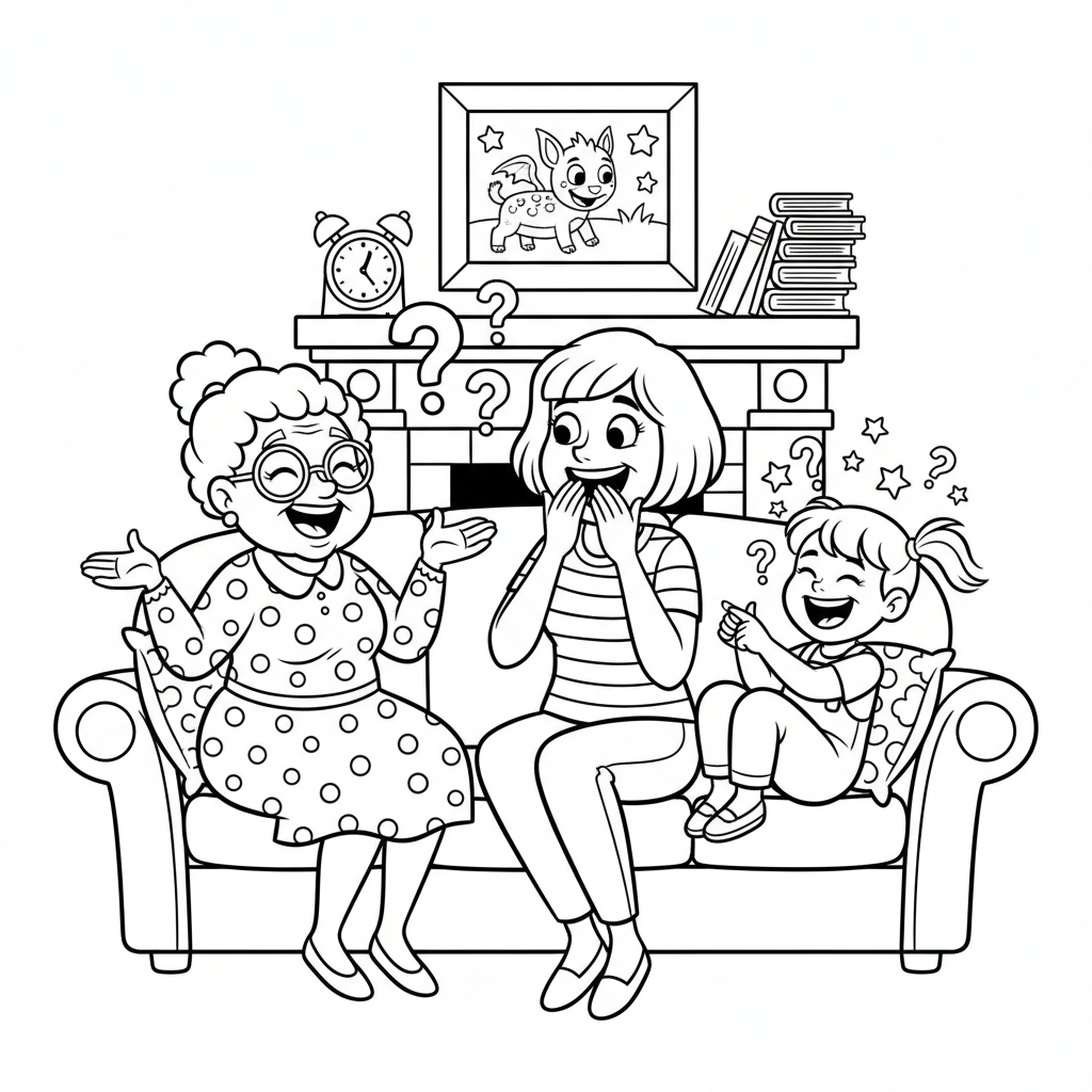 Grupa kobiet różnych pokoleń (babcia, matka, córka) dzielących się historiami, kolorowanka dla dzieci, czarne kontur...