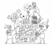 Różnorodna grupa kobiet pracujących razem nad projektem, demonstrująca współpracę, kolorowanka dla dzieci, czarne k...