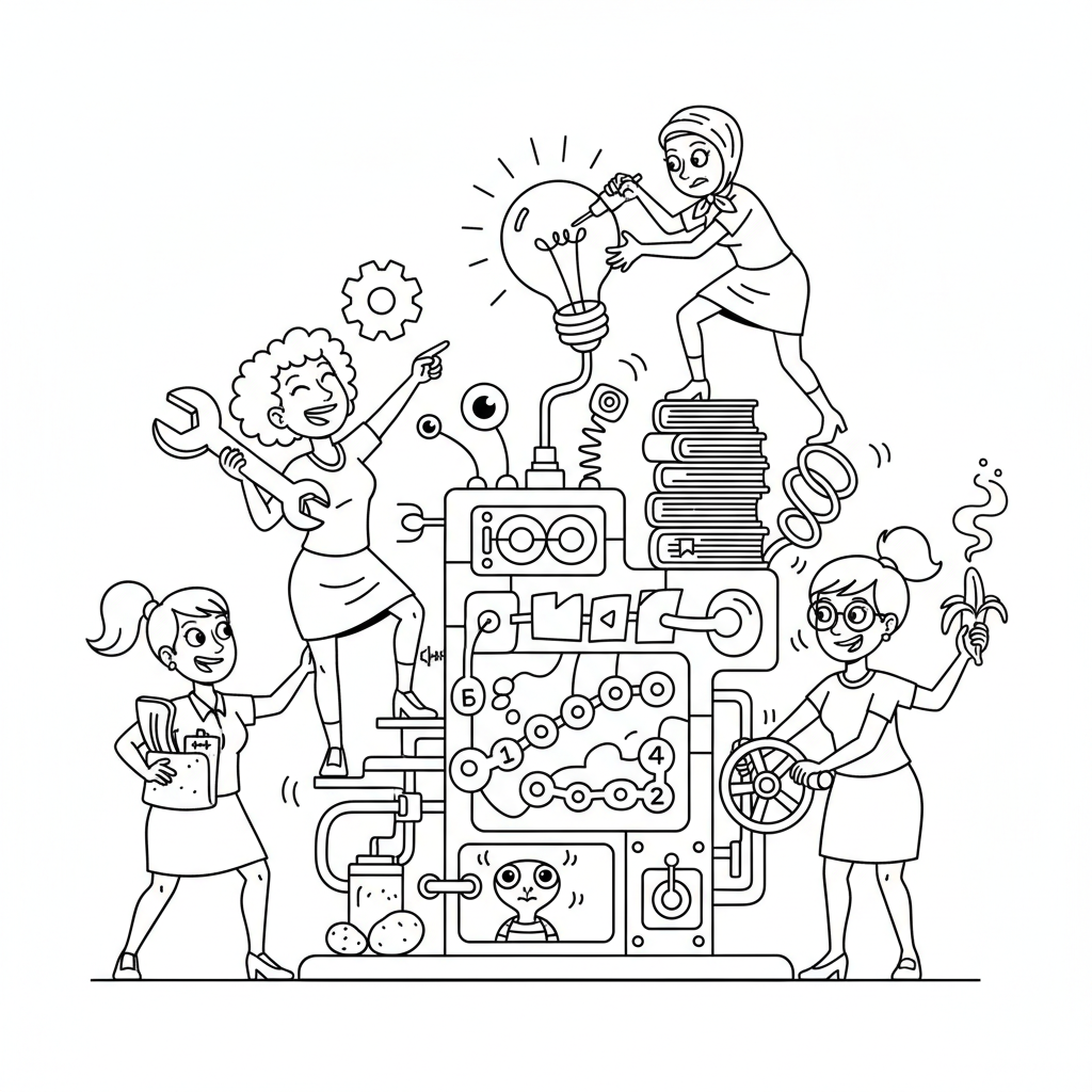 Różnorodna grupa kobiet pracujących razem nad projektem, demonstrująca współpracę, kolorowanka dla dzieci, czarne k...