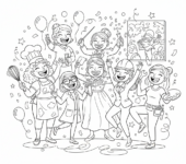 Grupa różnorodnych kobiet (w różnym wieku i zawodach) świętujących razem, kolorowanka dla dzieci, czarne kontury, b...