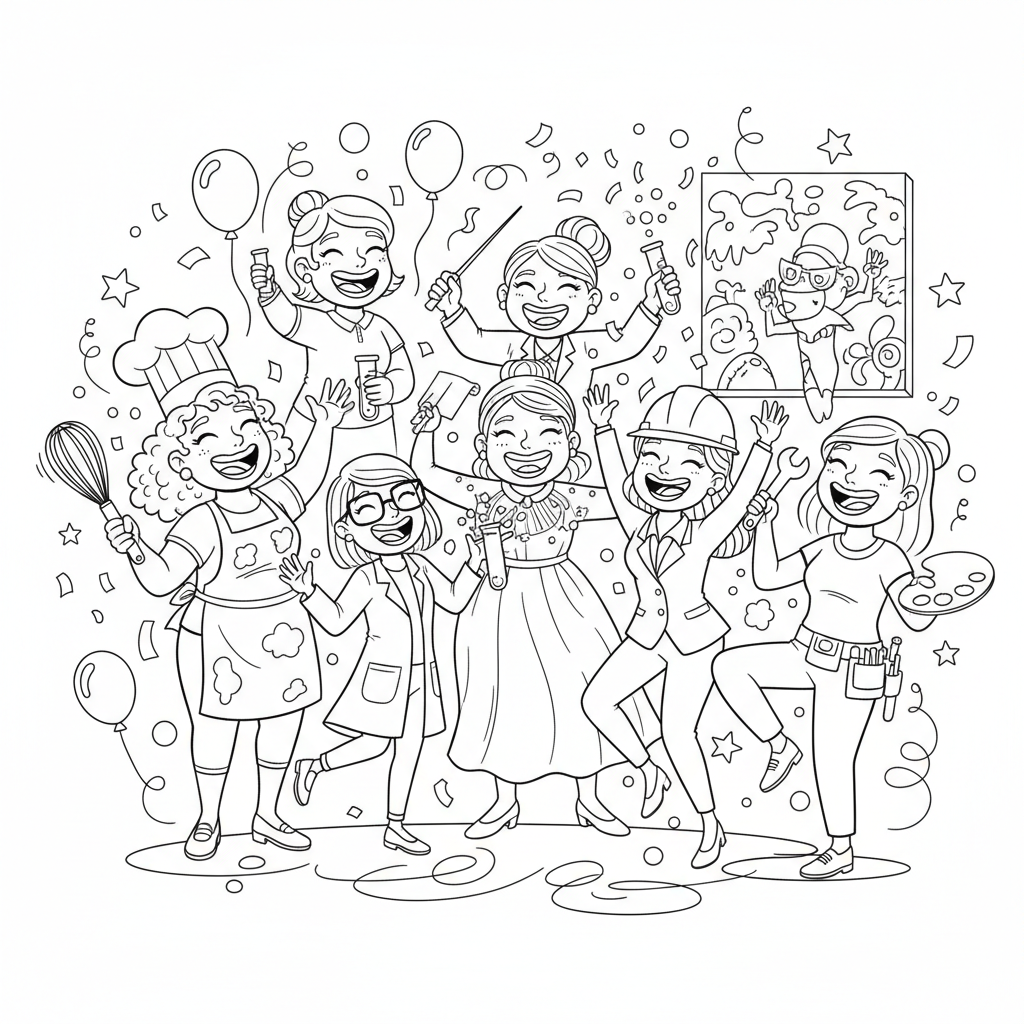 Grupa różnorodnych kobiet (w różnym wieku i zawodach) świętujących razem, kolorowanka dla dzieci, czarne kontury, b...