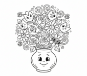 Piękna kompozycja kwiatowa z tulipanami, różami i stokrotkami, kolorowanka dla dzieci, czarne kontury, białe tło.