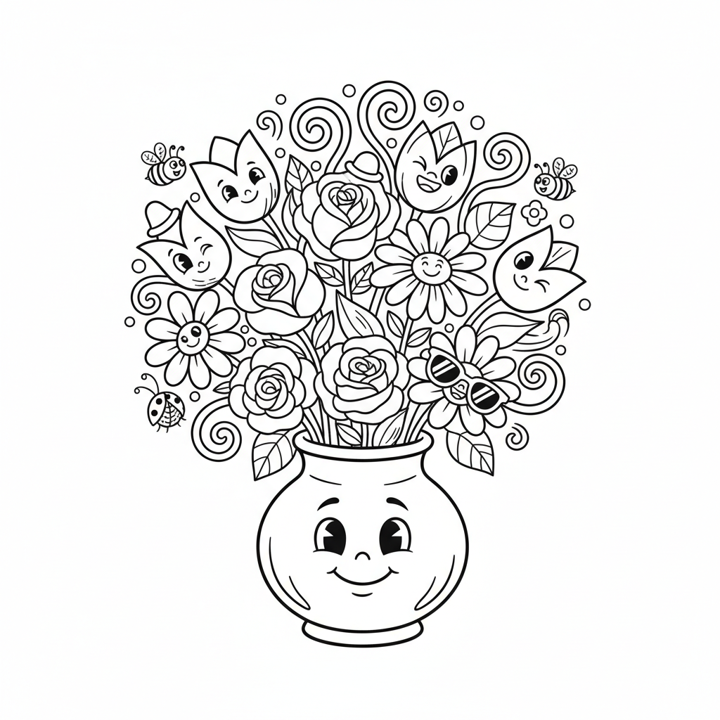 Piękna kompozycja kwiatowa z tulipanami, różami i stokrotkami, kolorowanka dla dzieci, czarne kontury, białe tło.