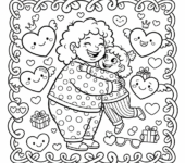 Matka i córka przytulające się, otoczone sercami miłości, kolorowanka dla dzieci, czarne kontury, białe tło.