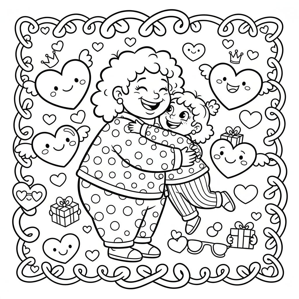 Matka i córka przytulające się, otoczone sercami miłości, kolorowanka dla dzieci, czarne kontury, białe tło.