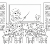Nauczycielka stojąca przed tablicą, ucząca chętnych uczniów, kolorowanka dla dzieci, czarne kontury, białe tło.