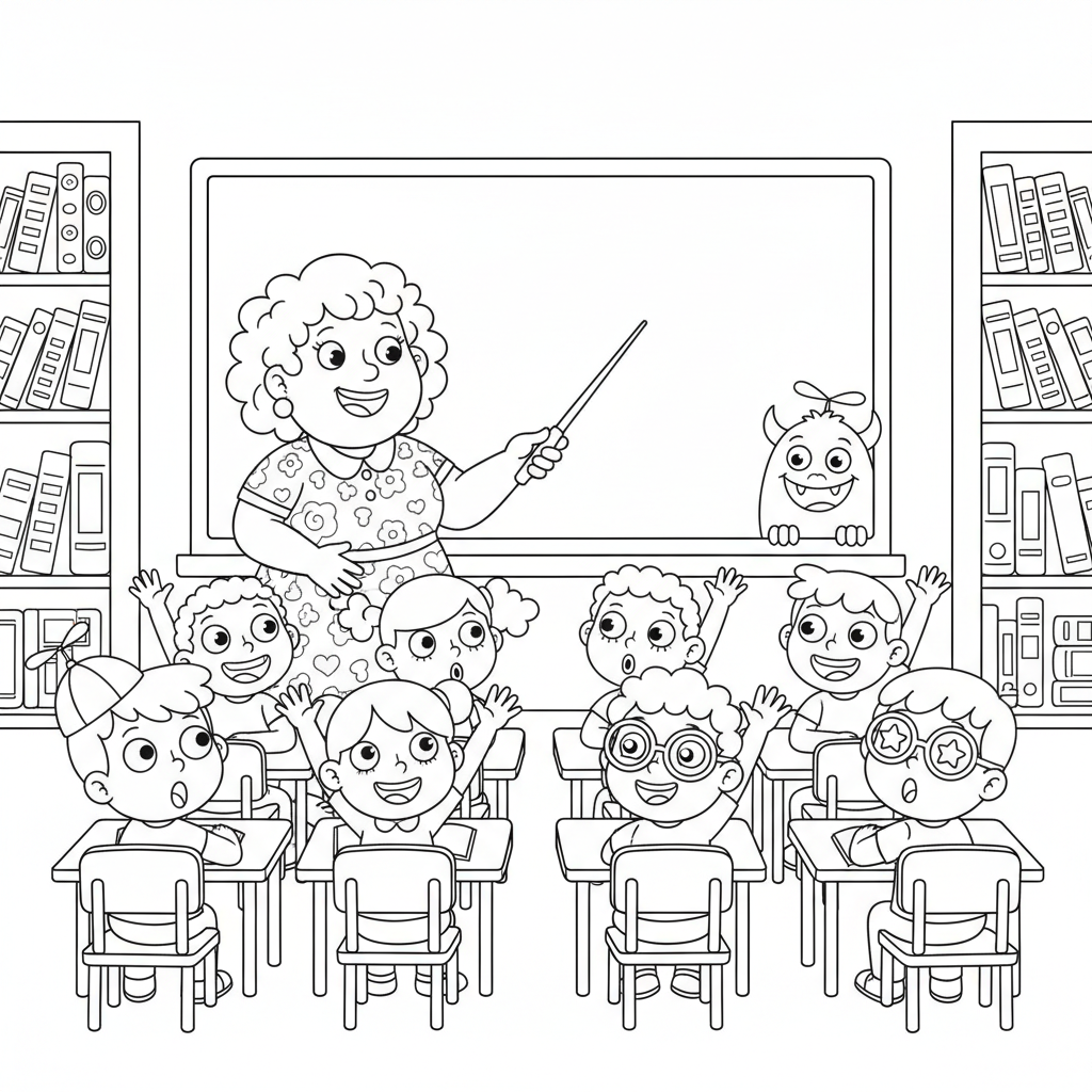 Nauczycielka stojąca przed tablicą, ucząca chętnych uczniów, kolorowanka dla dzieci, czarne kontury, białe tło.