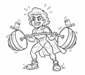 Silna kobieta podnosząca ciężary, symbolizująca siłę fizyczną i determinację, kolorowanka dla dzieci, czarne kontu...