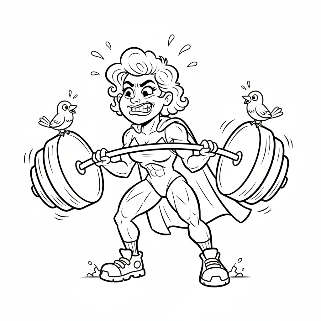 Silna kobieta podnosząca ciężary, symbolizująca siłę fizyczną i determinację, kolorowanka dla dzieci, czarne kontu...